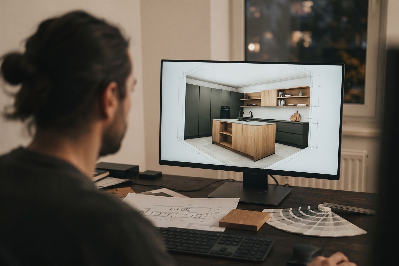 Randare 3D a unei bucătării pe monitor, lângă planul de execuție și paleta de culori
